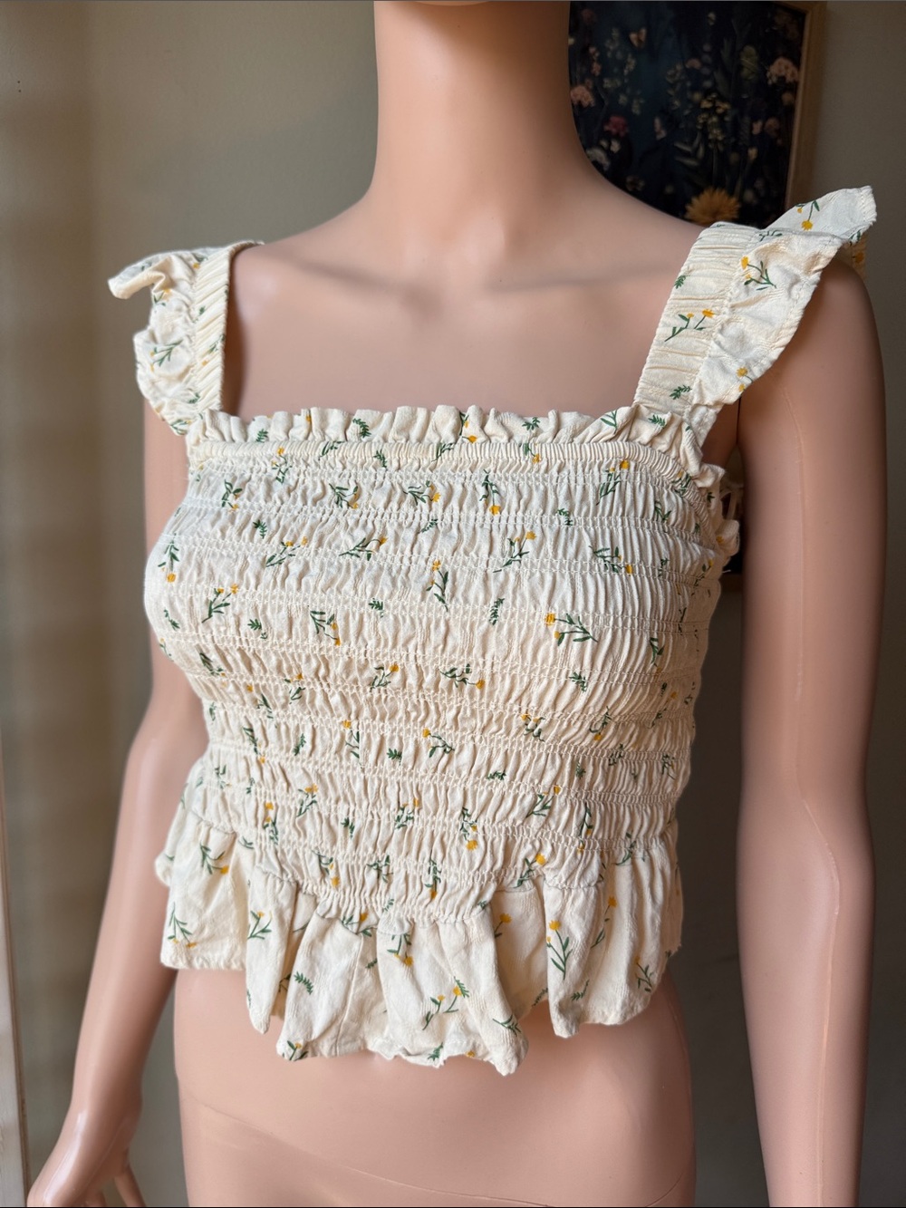 Cream Floral Smocked Ruffle Crop Top